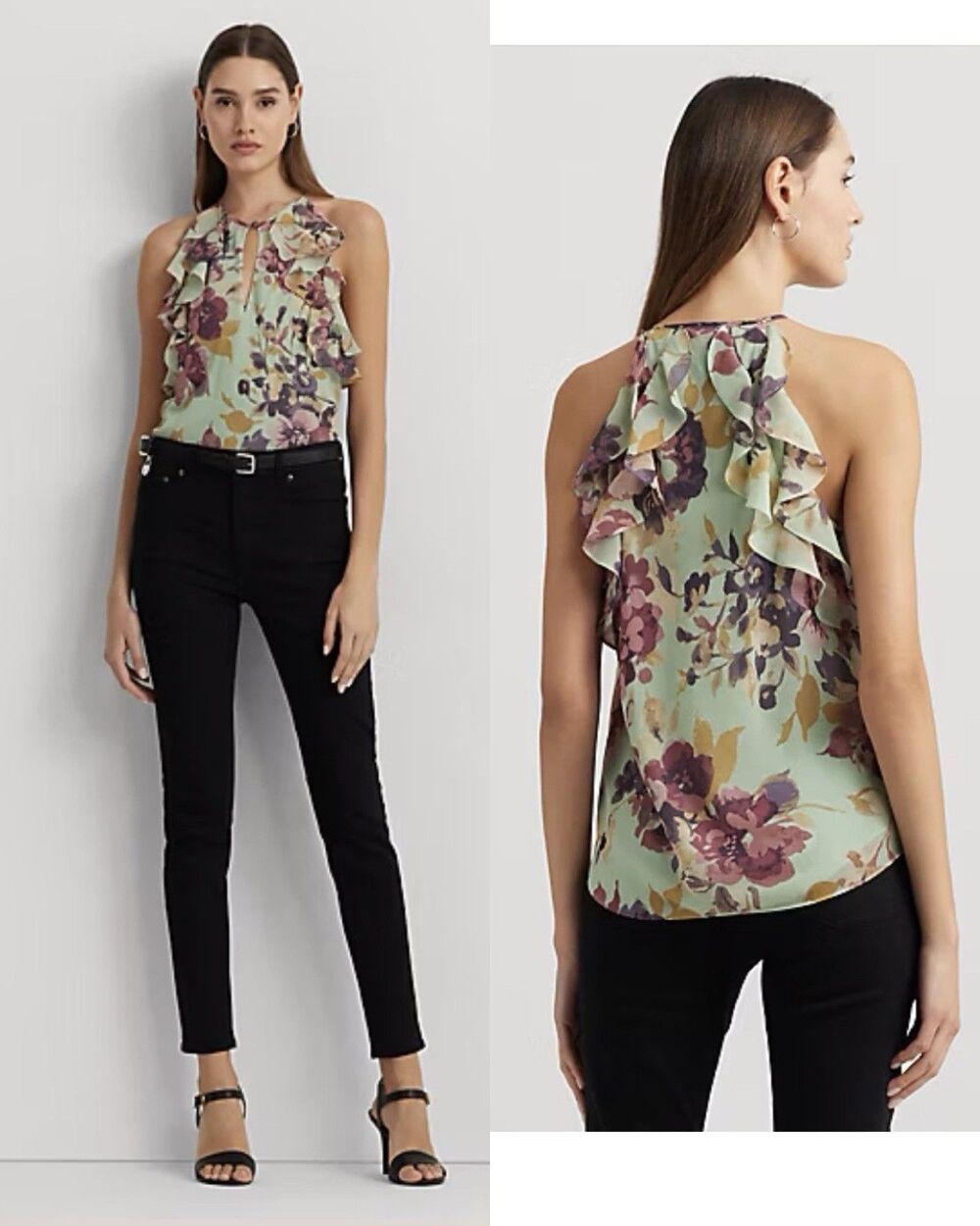 New Lauren Ralph Lauren Floral Crinkle Georgette Blouse Lt Green 14 Black Label